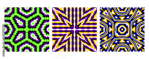 Abstract geometric compositions with vibrant colors and dynamic motion effects. Inspired by op art and digital illusions. Great for wallpapers, textiles, and futuristic designs.