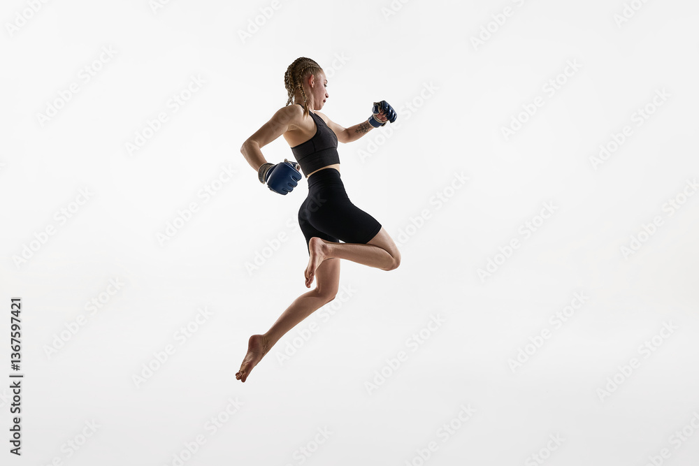 Woman with braids captured in high jump with boxing gloves, fierce focus training against white background. Concept of sport, thai boxing, MMA, strength, motion, determination, energy Woman with braids captured in high jump with boxing gloves, fierce focus training against white background. Concept of sport, thai boxing, MMA, strength, motion, determination, energy