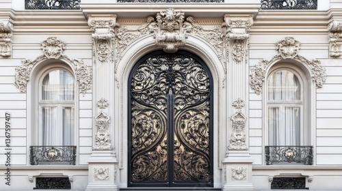 Ornate arched doorway with wrought iron gates on a classic white building facade.