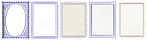 Stamp inspired frames for greeting cards, wedding and birthday party, picnic invitations in italian or greek marine sea coastal style. Hand drawn ornament borders for social media decoration template.