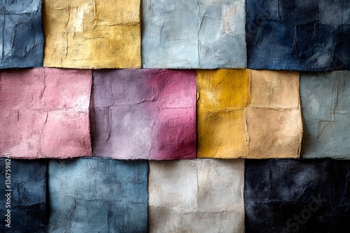 Abstract image of a patchwork of colorful textured squares, creating a visually stimulating pattern