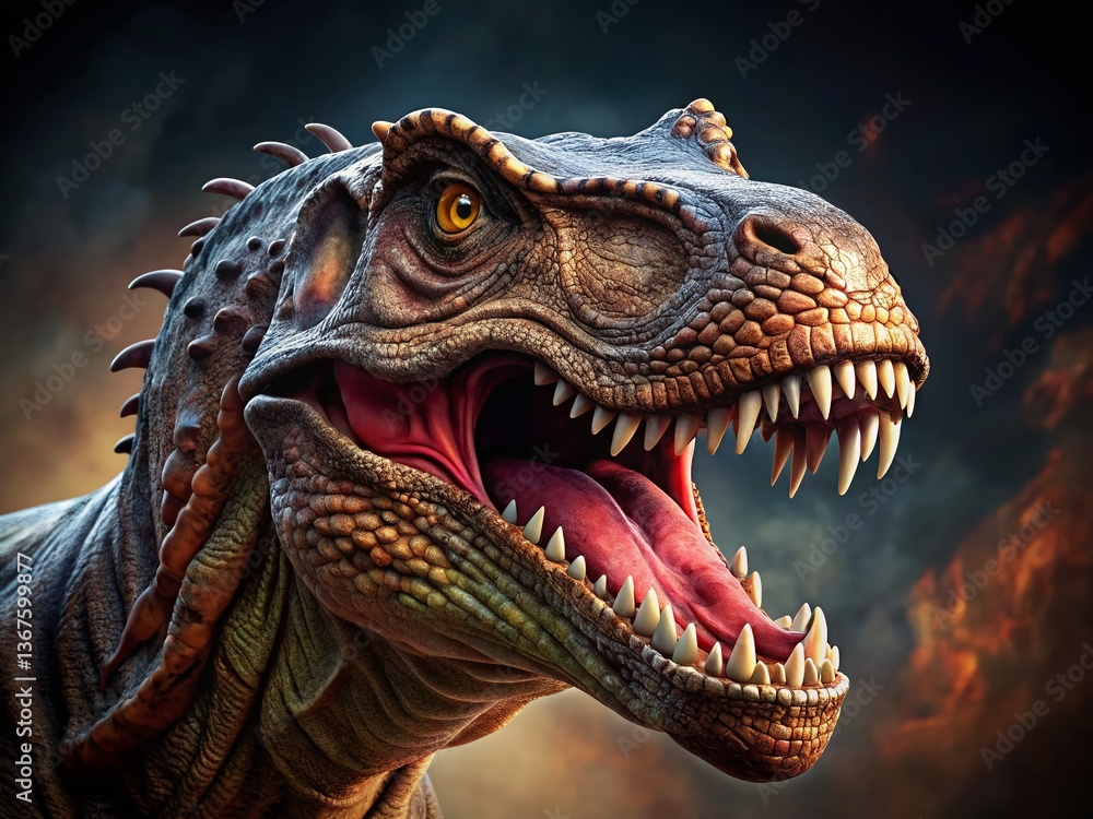 Furious Tyrannosaurus Rex Head, Close-Up Profile, Right-Side Composition, Copy Space Furious Tyrannosaurus Rex Head, Close-Up Profile, Right-Side Composition, Copy Space