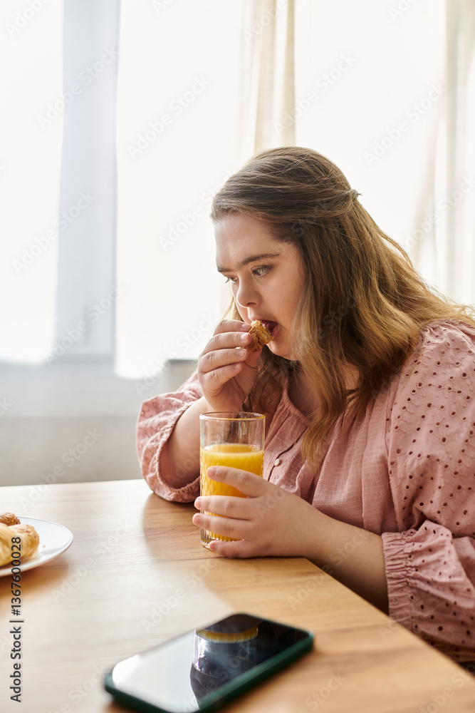 Cozy morning moments of a young woman enjoying breakfast at home with joy and confidence Cozy morning moments of a young woman enjoying breakfast at home with joy and confidence