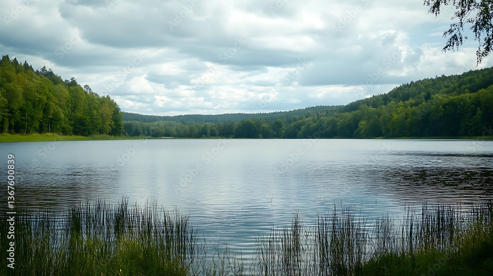 Calm Lake Surrounded by Green Forest Under a Cloudy Sky Calm Lake Surrounded by Green Forest Under a Cloudy Sky