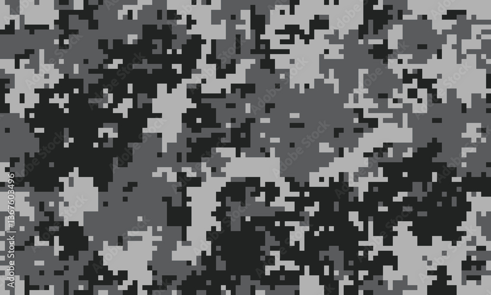 Abstract grayscale digital camouflage pattern. Ideal for backgrounds, textures, or militarythemed designs. Its pixelated style offers a modern, versatile aesthetic. Abstract grayscale digital camouflage pattern. Ideal for backgrounds, textures, or militarythemed designs. Its pixelated style offers a modern, versatile aesthetic.
