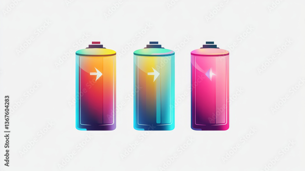 Set of realistic battery charge indicators with low and high energy levels isolated on transparent background. Full charged and discharged accumulators with colorful glow. Vector illustration Set of realistic battery charge indicators with low and high energy levels isolated on transparent background. Full charged and discharged accumulators with colorful glow. Vector illustration