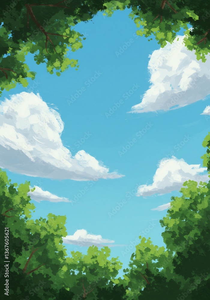 Obraz premium Serene summer sky viewed through lush green foliage bright sunlight bathes the scene in cheerful warmth. AI Generated