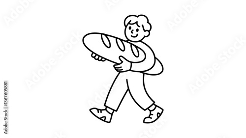 Simple Man with Bread: A clean, modern illustration of a man happily carrying a long loaf of bread, symbolizing simplicity and daily life. 