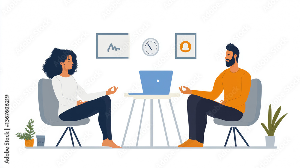 Fototapeta premium People stretching in office isolated on white background. Vector cartoon illustration of man and woman doing yoga workout on break to relax sitting in armchair, healthy lifestyle, fitness at workplace