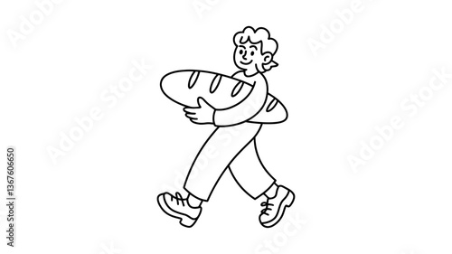 Artisan's Bread Journey: A whimsical line art illustration of a person carrying a loaf of freshly baked bread, symbolizing nourishment and the simple joys of life. 