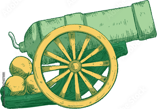 Vintage Cannon Illustration  Hand-Drawn Artillery Piece with Cannonballs
