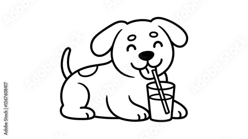 Thirsty Pup: An adorable line-art cartoon pup with a cheerful expression enjoying a refreshing beverage