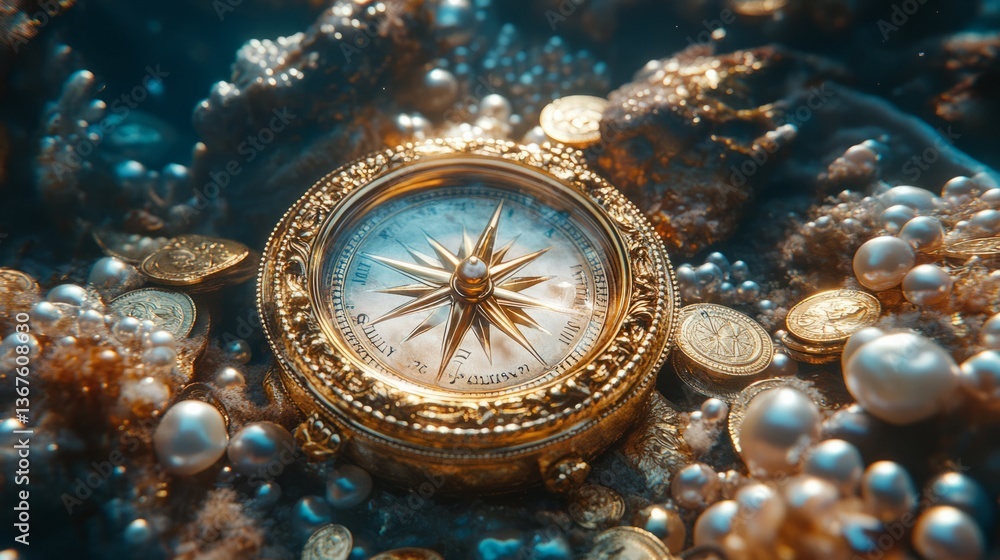 custom made wallpaper toronto digitalA golden compass pointing north, surrounded by pearls and coins underwater