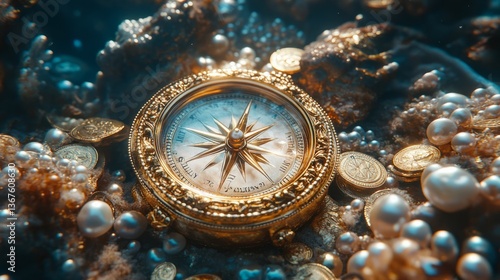 Wallpaper Mural A golden compass pointing north, surrounded by pearls and coins underwater Torontodigital.ca