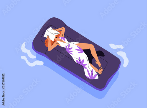 Woman tans in sun on pool raft in sea. Tourist is sunbathing on inflatable mattress in ocean top view. Girl in dress floating, lying on floater on water in summer. Flat isolated vector illustration