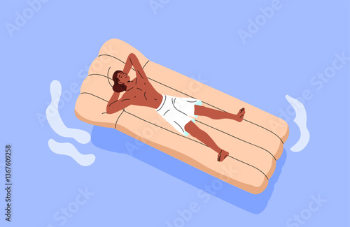 Tanned tourist is sunbathing on inflatable mattress top view. Happy boy relaxes, lying on floater on water. Young man is floating on pool raft in sea in summer. Flat isolated vector illustration