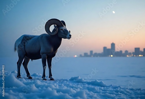 Icy Ram Silhouette Against a Crystal-Covered Arctic Landscape isolated on transparent. PNG.