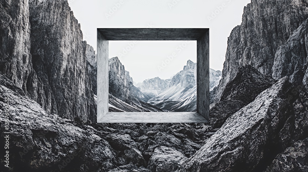 Fototapeta premium A stunning monochrome landscape framed by a concrete structure in rocky mountains.