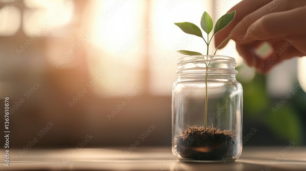 A student planting seeds in a glass jar in biology class A student planting seeds in a glass jar in biology class