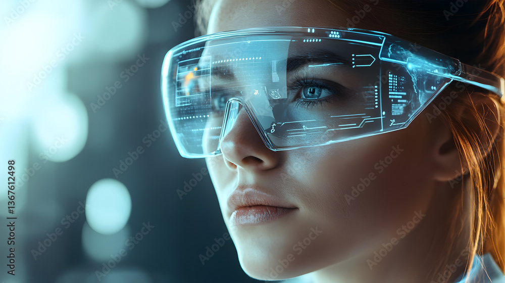 A woman wearing a pair of glasses with a bright blue background A woman wearing a pair of glasses with a bright blue background