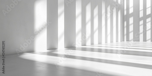  Minimalist architecture with natural sunlight and abstract shadows on white textured walls and floors in modern interior