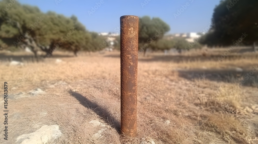 Fototapeta premium Rustic Rusty Metal Pipe in Dry Grassland Landscape