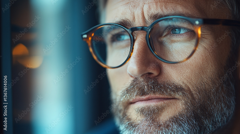 Man in glasses looks thoughtfully out the window Man in glasses looks thoughtfully out the window