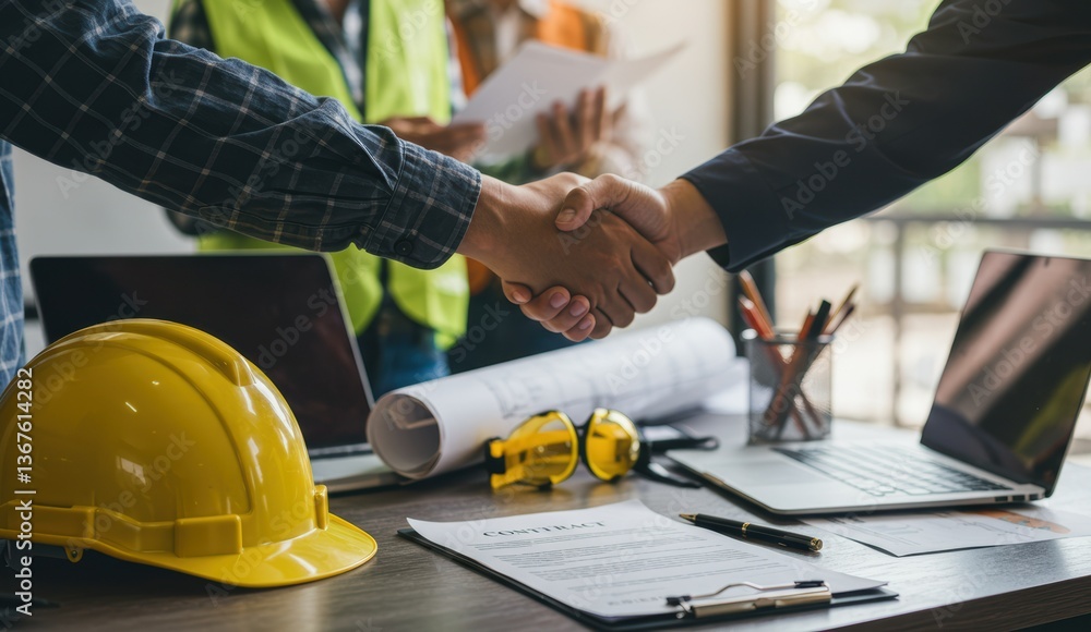 Caucasian businessman shakes hands with Asian engineer in office setting with construction plans, symbolizing collaboration. Caucasian businessman shakes hands with Asian engineer in office setting with construction plans, symbolizing collaboration.
