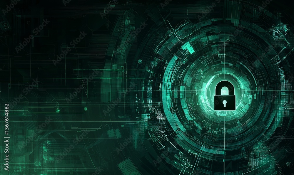 Obraz premium Internet security and data protection, represented by an abstract computer chip and a padlock, set against a technology background in the realm of cyber security