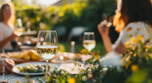 A sunlit garden setting with people enjoying white wine and conversation, evoking summer relaxation and social pleasure.