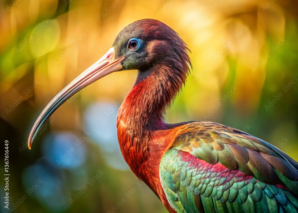 Naklejka premium Glossy Ibis Back Portrait: Iridescent Green & Red Feathers, Detailed Close-up