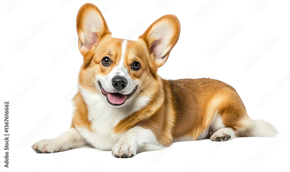 Corgi lying, smiling, looking forward, on transparent background for design work Corgi lying, smiling, looking forward, on transparent background for design work