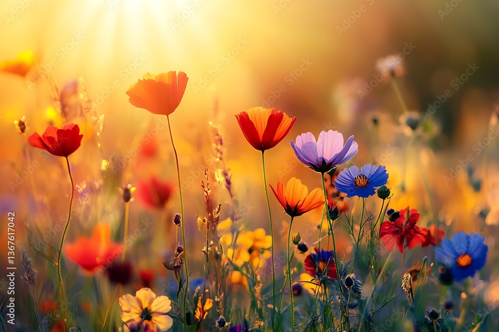 A Stunning Field of Colorful Flowers in the Golden Sunset Light A Stunning Field of Colorful Flowers in the Golden Sunset Light