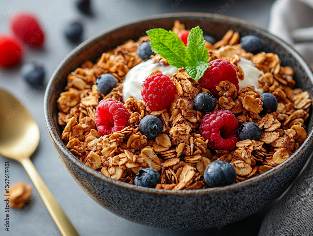Healthy granola bowl topped with berries and yogurt Healthy granola bowl topped with berries and yogurt