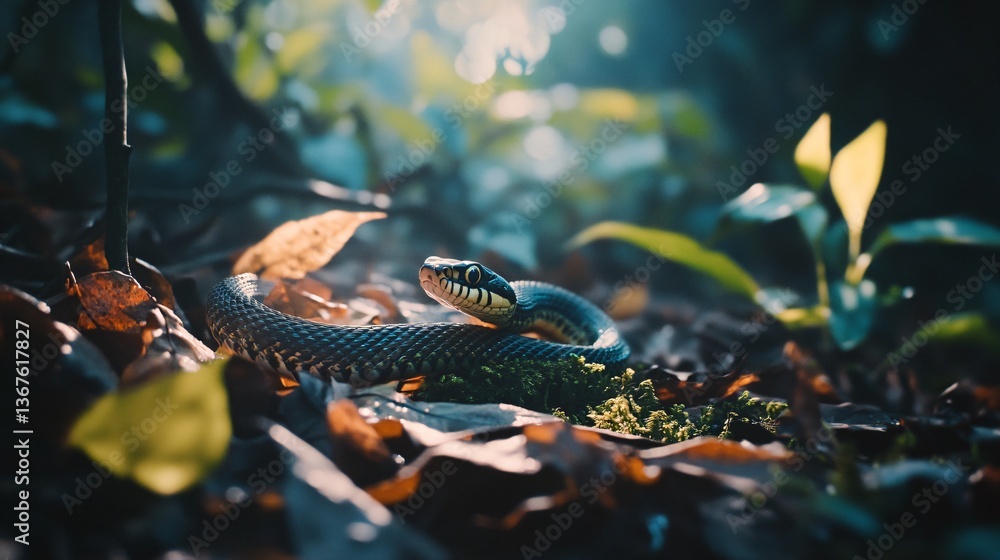 Fototapeta premium A snake is coiled amongst leaves and moss in sunlight