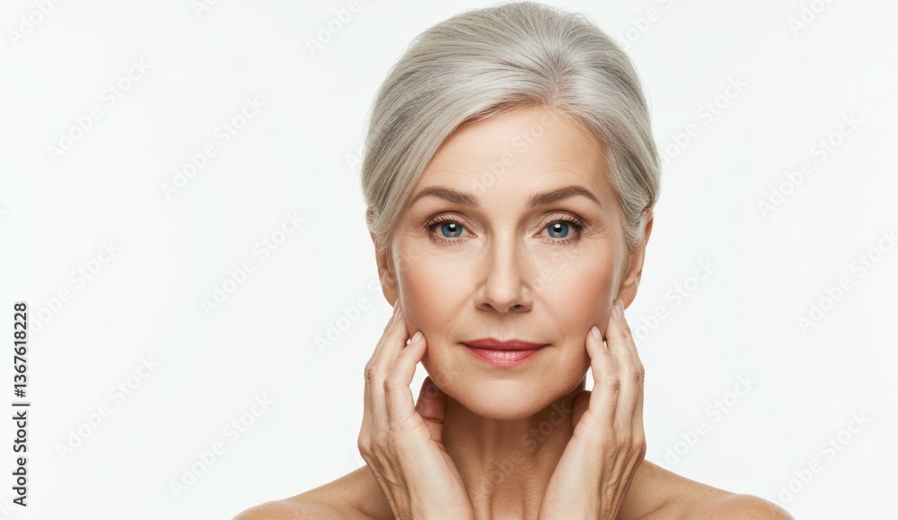 Caucasian middle-aged woman touching her face against clear background focusing on self-care and beauty. Caucasian middle-aged woman touching her face against clear background focusing on self-care and beauty.