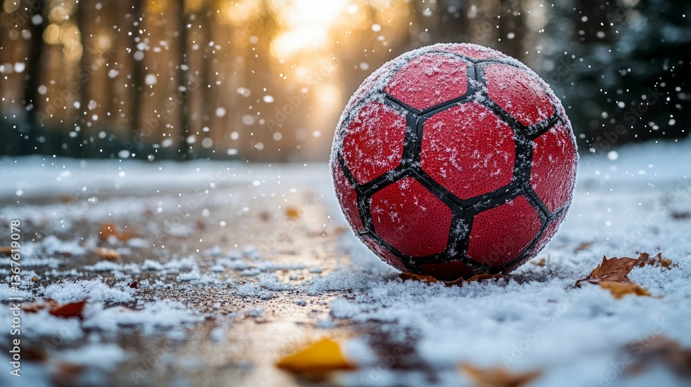 Fototapeta premium A red soccer ball rests on frosty ground, amidst snowflakes and autumn leaves, evoking winter sports nostalgia