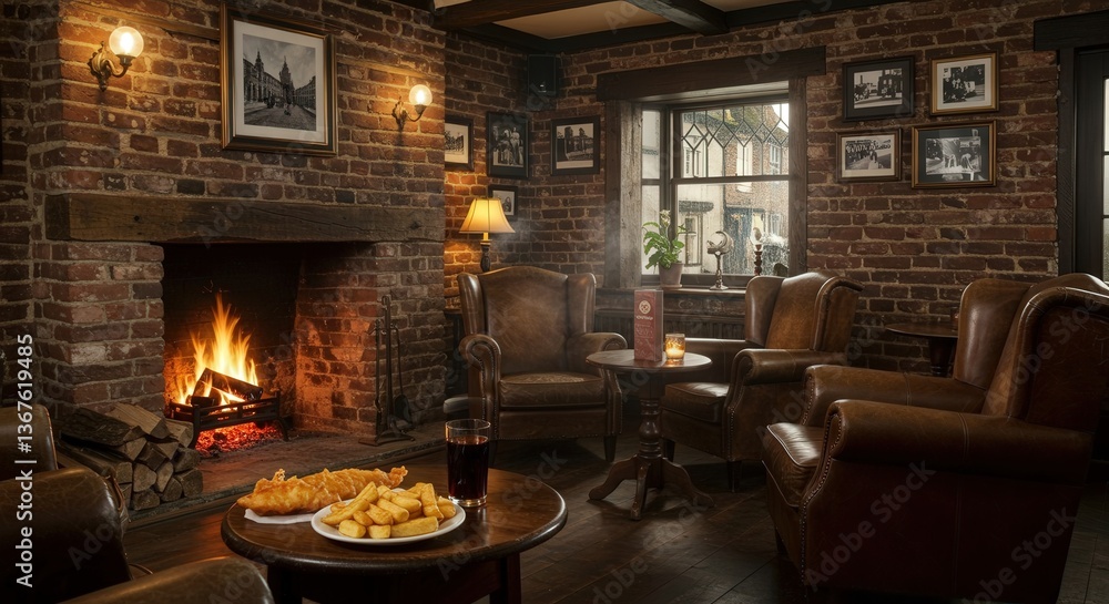 Fototapeta premium Cozy pub ambiance featuring brick walls, brass taps, and a fireplace near fish and chips on a table