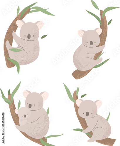 Cute koalas are sitting on a tree with leaves. A mother and a baby koala.