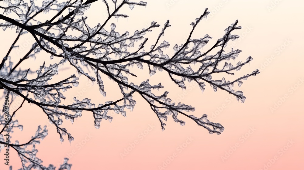 Obraz premium Icy Silhouette: Delicate tree branches, encased in a frosty layer of ice, stand stark against a soft, pastel-colored sky. This captivating silhouette evokes the serene beauty of winter's touch.
