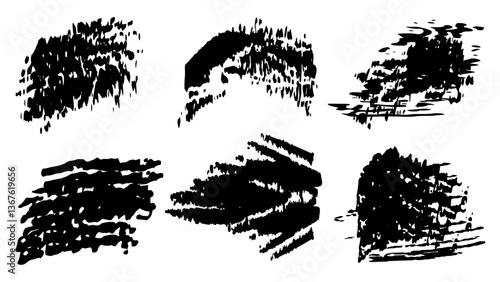 Set of hand drawn ink splashes.Black ink stencils. Paintbrush, splash, spray, ink splatter and paint marks. Artistic graphic box, black blots, grunge brush strokes line black and grunge frames.