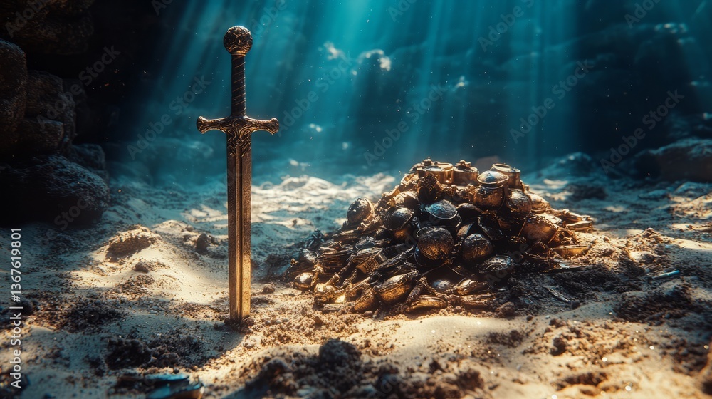 Naklejka premium An ancient sword embedded in the sand next to a pile of treasure underwater 
