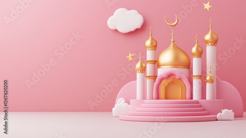 Pink 3D rendered mosque with golden domes, minarets, and crescent moon against a pink background.
