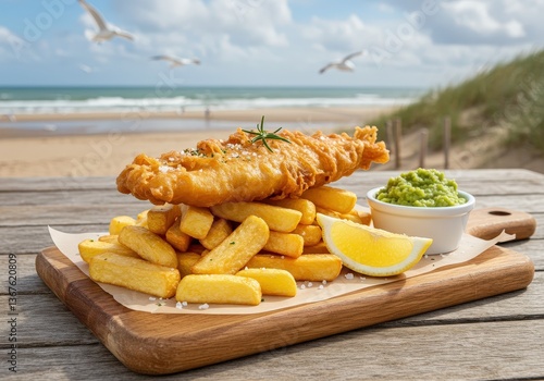 Enjoying fresh fish and chips by the beach with a side of tartar sauce and lemon