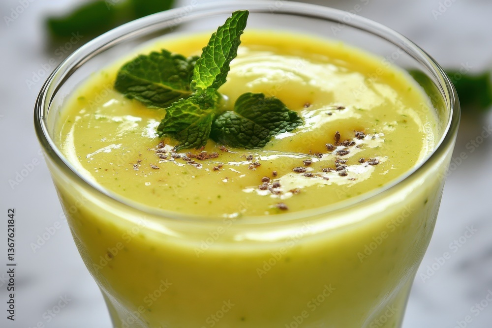 Refreshing green smoothie in glass, garnished with fresh mint leaves and sprinkled seeds, embodying health and vitality Refreshing green smoothie in glass, garnished with fresh mint leaves and sprinkled seeds, embodying health and vitality