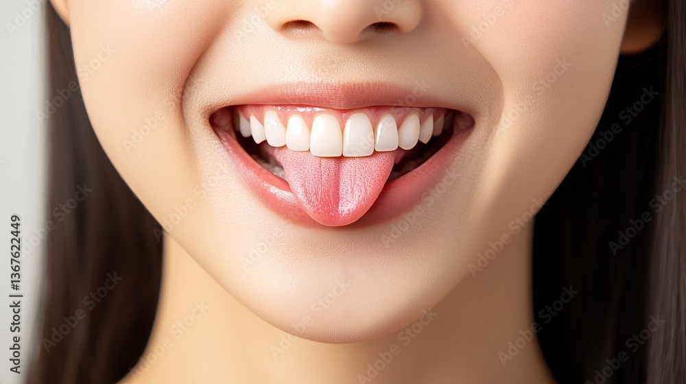 Obraz premium Close-up of a smiling woman showing her teeth and sticking out her tongue, conveying playfulness and happiness.