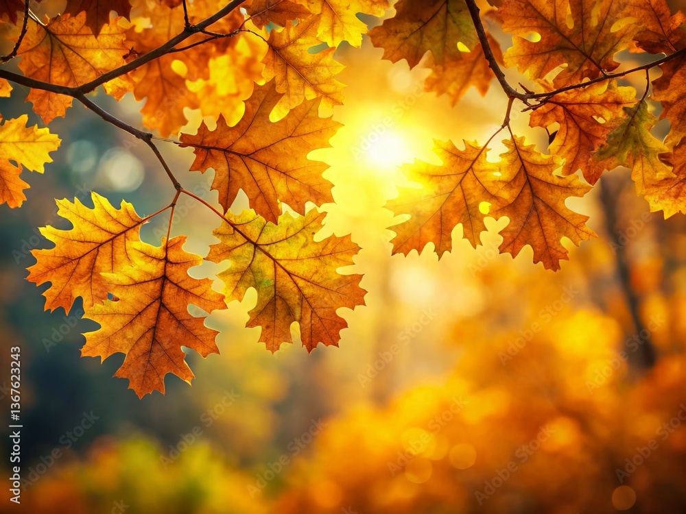 Golden Fall Leaves on Tree Branch, Autumn Nature Background Golden Fall Leaves on Tree Branch, Autumn Nature Background