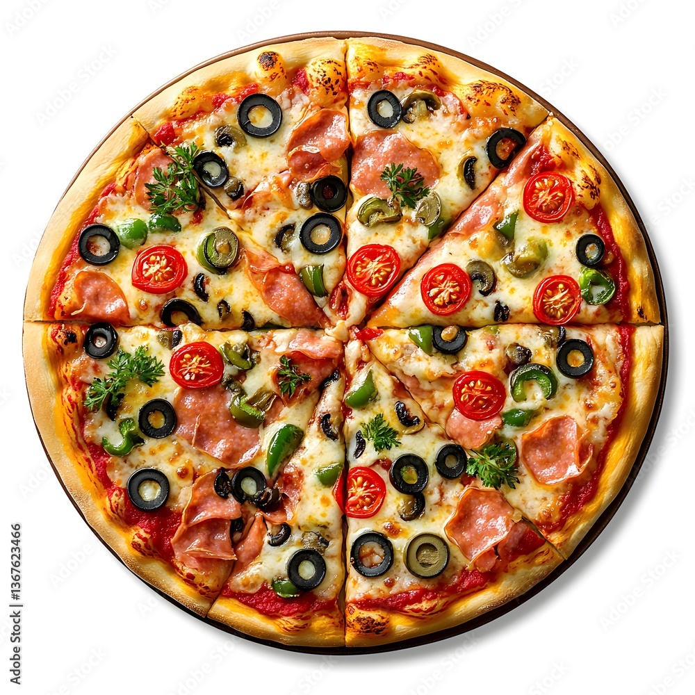 Delicious sliced pizza with salami olives and peppers, Delicious sliced pizza with salami olives and peppers,