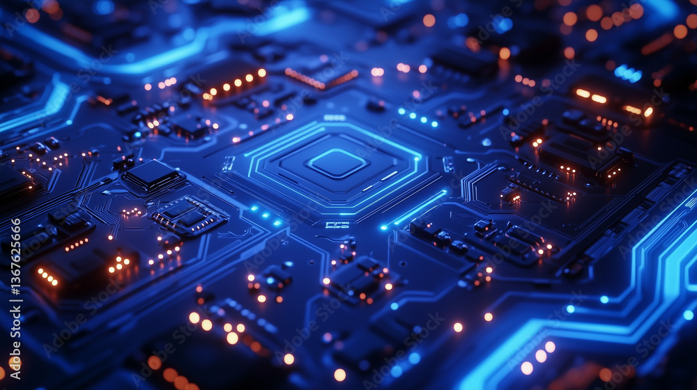Obraz premium Unique digital circuit board with glowing lights in shades of blue and orange highlighting intricate connections and details Generative AI