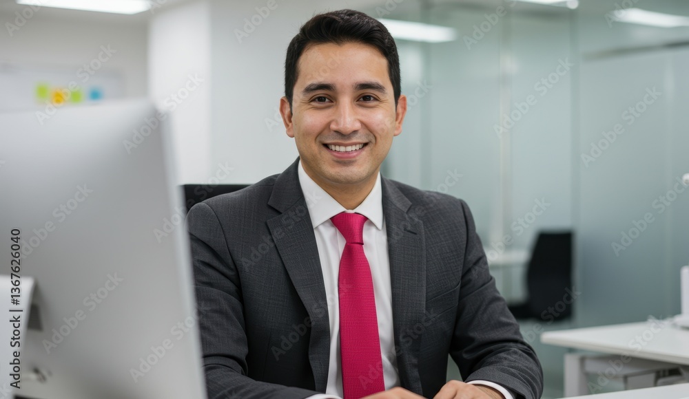 Hispanic businessman smiling in modern office with computer. Focus on professionalism and workplace culture. Hispanic businessman smiling in modern office with computer. Focus on professionalism and workplace culture.